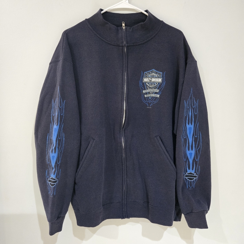 Vintage 2006 Harley Davidson Navy Blue Sleeve Flame Sweatshirt Large